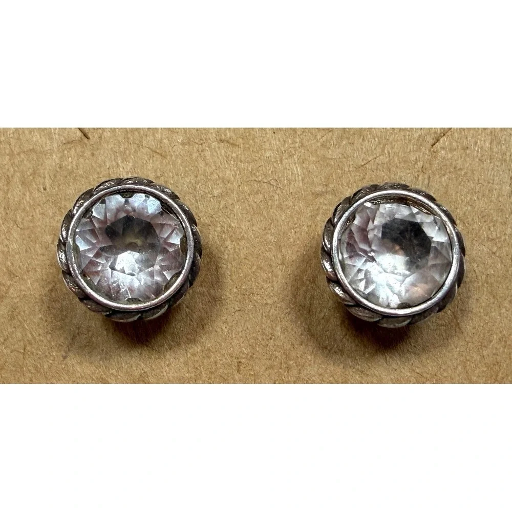 Brighton Iris Round Faceted‎ Clear Stone Stud Earrings Rope Border Heart Cutout